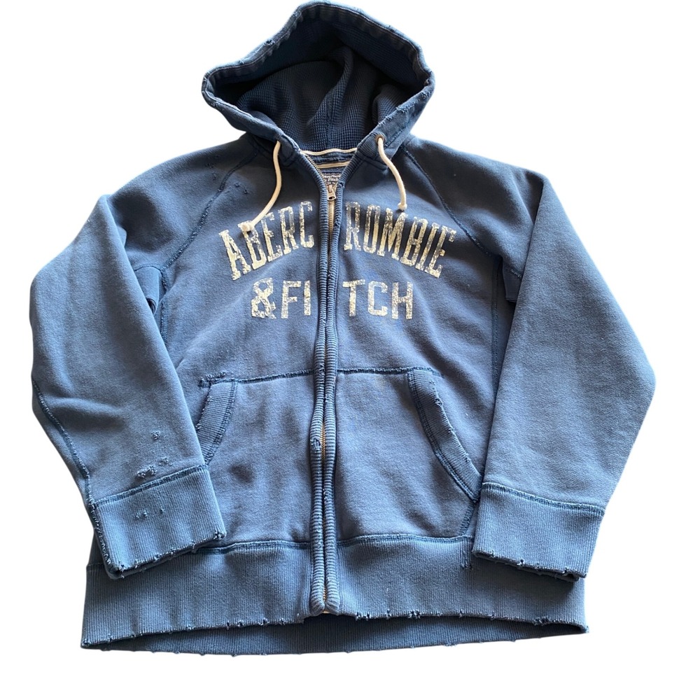 Abercrombie & Fitch Hoodie Mens Medium Blue Full Zip Distressed Logo Grunge